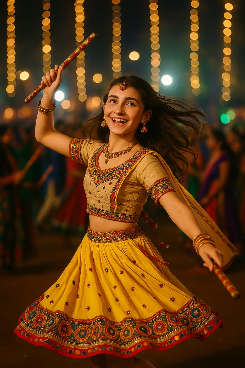 Garba dancer in traditional yellow lehenga