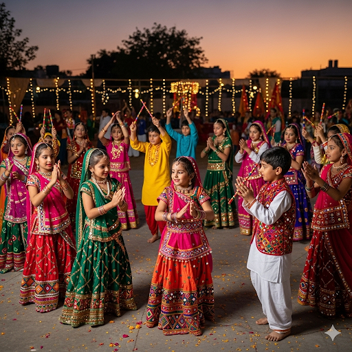 Young performers in a beautiful Garba circle formation