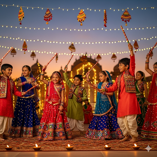 Group of children in colorful ethnic wear dancing