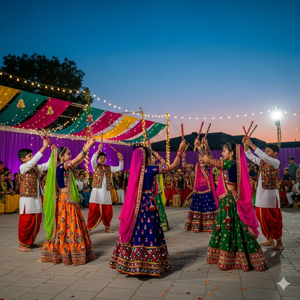 Young Garba enthusiasts in traditional costumes