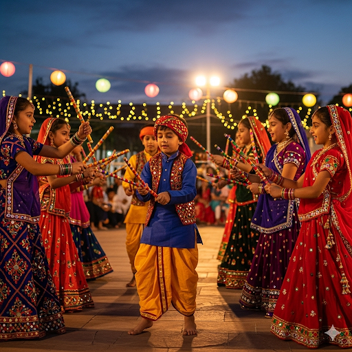 Children performing traditional Garba dance in colorful lehengas
